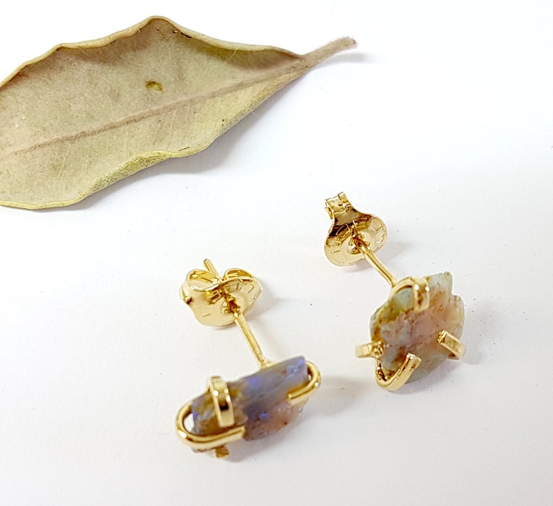 Raw opal earrings, genuine opal earrings, natural opal earrings, opal stud earrings, opal studs, opal stud earrings gold, jewelry gift idea image 2