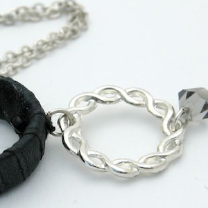 Gift For Women, Silver Necklace with Black Satin Hoop Swarovski Crystal ,Black Sterling Silver Pendant, Black Necklace, Circle Pendant image 1