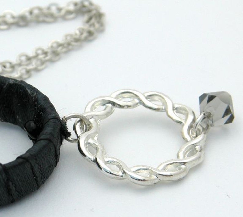 Gift For Women, Silver Necklace with Black Satin Hoop Swarovski Crystal ,Black Sterling Silver Pendant, Black Necklace, Circle Pendant image 1