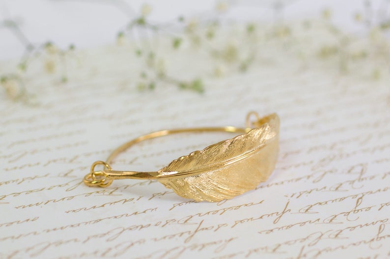 Gold Feather Cuff Bracelet, Gold Feather Bracelet, Golf Bracelet, Bridal Feather Bracelet, Dainty Feather Bracelet, Unique Feather Bracelet image 7