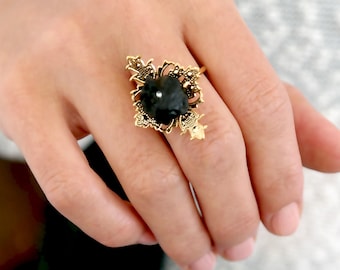 Stone Ring, Black Raw Ring, Gemstone Jewelry, Gold Black Lava Stone Ring, Natural Stone Ring, Gold Ring, Boho Chic Ring, Black Ring