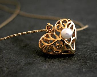 Gold Heart Pendant Necklace, Gold Pearl Jewelry, Bridal Gift Jewelry, Gold Heart Jewelry