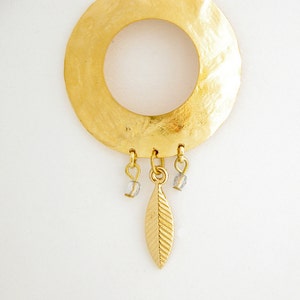Statement Gold Circle Necklace with Crystals and Gold Leaf Pendant, Leaf Jewelry, Bohemian Wedding Necklace, Bohemian Jewelry