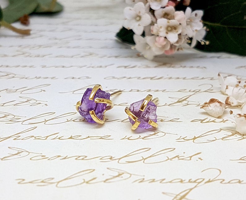 Raw Amethyst Gold Stud Earrings