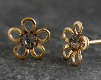 Stud Earrings, Gold Studs, Gold Stud Earring, Post Earrings, Gold Flower Stud Earrings ,GIFT FOR HER, Dainty Gray Flower Stud Earrings