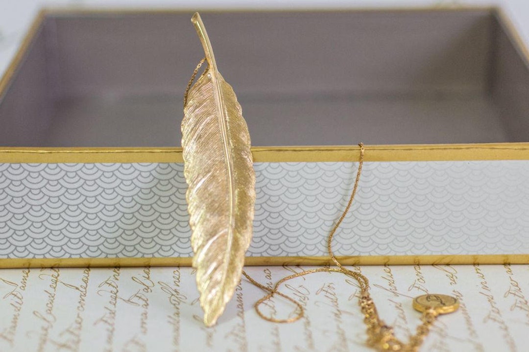 Gold Feather Necklace, Feather Necklace, Gold Feather Pendant, Gold ...