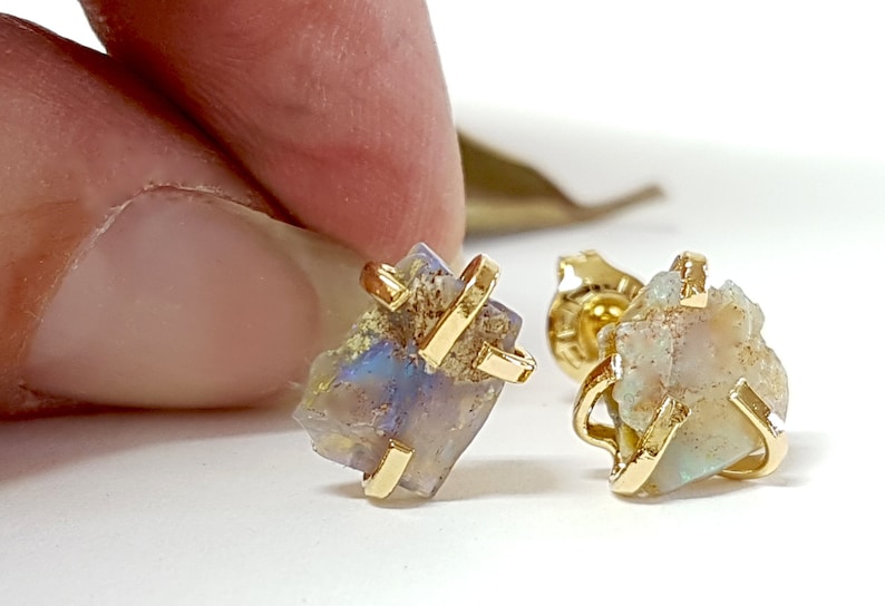 Raw opal earrings, genuine opal earrings, natural opal earrings, opal stud earrings, opal studs, opal stud earrings gold, jewelry gift idea image 3