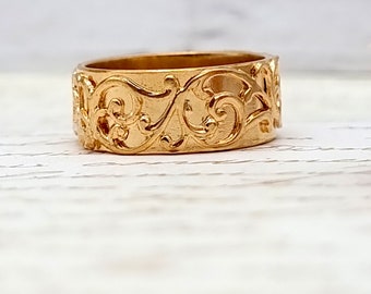 Women's Wedding Band, Solid Gold Wedding Band, Bridal Wedding 14K Gold Ring, Bridal Gold Band, Wide Gold Ring, Filigree Lace 14K Gold Ring