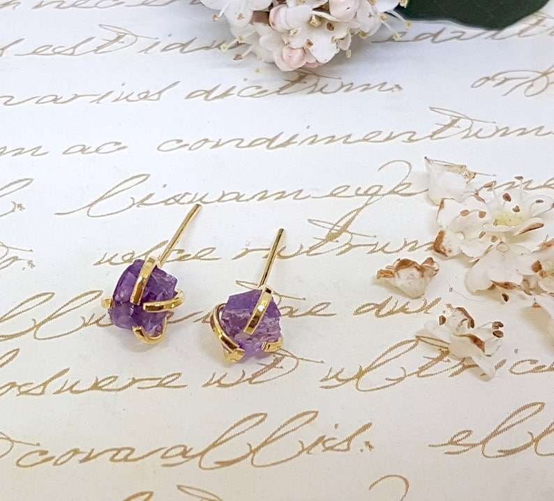 Raw Amethyst Gold Stud Earrings