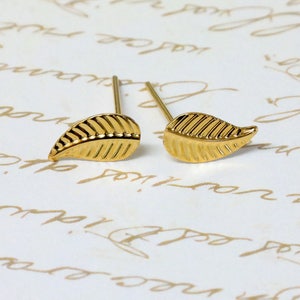 Gold leaf earrings, leaf stud earrings, leaf studs, leaf jewelry, nature earrings, gold studs, fall leaf earrings, autumn earrings image 8