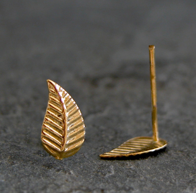 Gold leaf earrings, leaf stud earrings, leaf studs, leaf jewelry, nature earrings, gold studs, fall leaf earrings, autumn earrings image 3