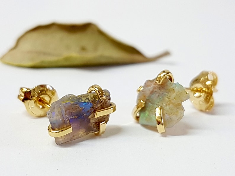Raw opal earrings, genuine opal earrings, natural opal earrings, opal stud earrings, opal studs, opal stud earrings gold, jewelry gift idea image 1
