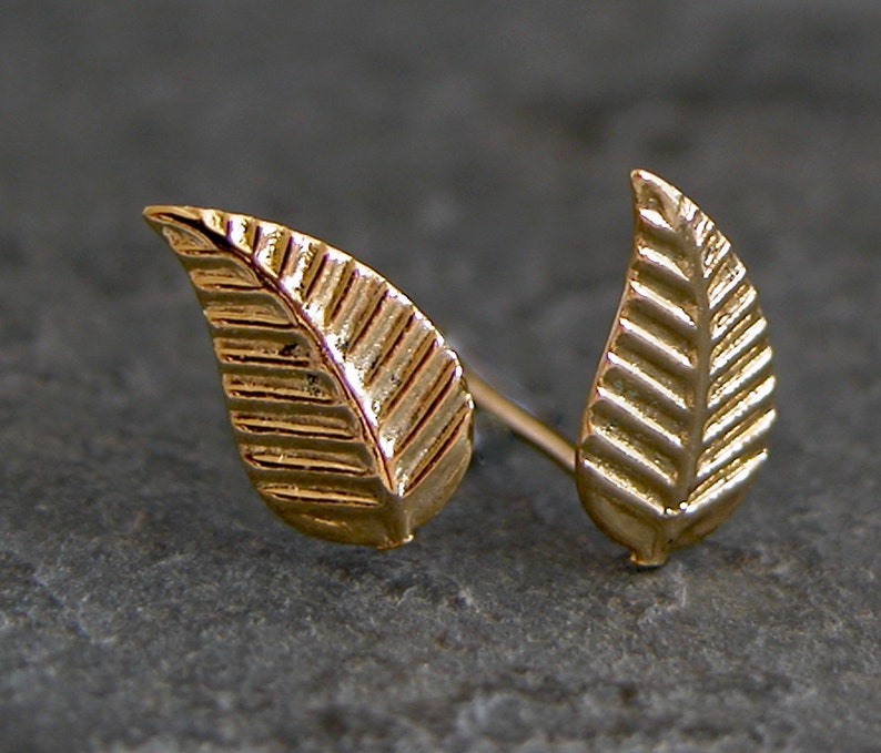 Gold leaf earrings, leaf stud earrings, leaf studs, leaf jewelry, nature earrings, gold studs, fall leaf earrings, autumn earrings image 1