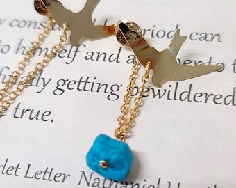Turquoise Earrings, Birds Gold Ear Jackets, Gemstone Earring Jackets, December Birthstone earrings, Birds Chain Earrings, Stud Chain Earring
