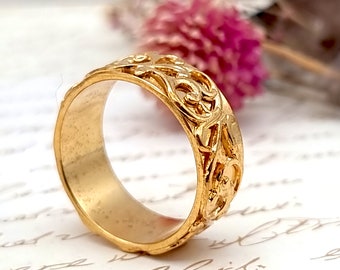 Women's Wedding Band, Gold Wedding Band, Bridal Wedding Gold Ring, Bridal Gold Band, Wide Gold Ring, Lace Gold Ring, Filigree Gold Ring