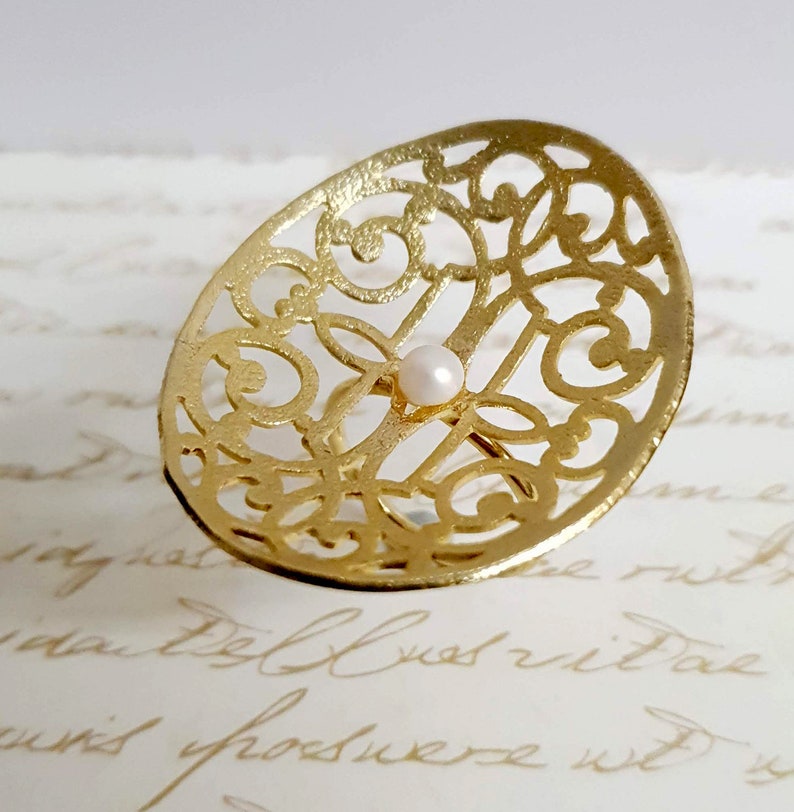 Ethnic Statement Ring Gold Pearl Ring Large Pearl Ring Etsy