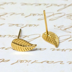 Gold leaf earrings, leaf stud earrings, leaf studs, leaf jewelry, nature earrings, gold studs, fall leaf earrings, autumn earrings image 6