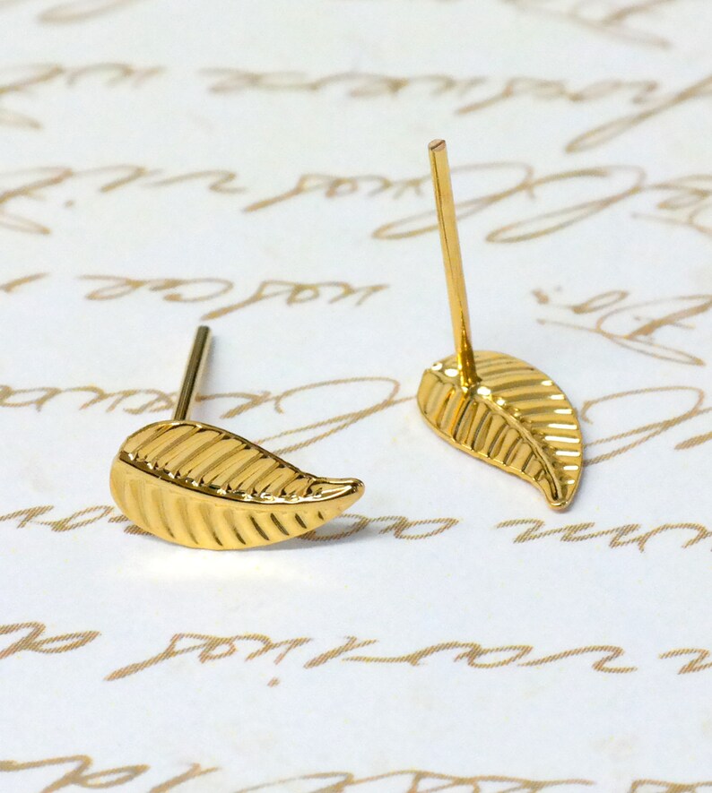 Gold leaf earrings, leaf stud earrings, leaf studs, leaf jewelry, nature earrings, gold studs, fall leaf earrings, autumn earrings image 6