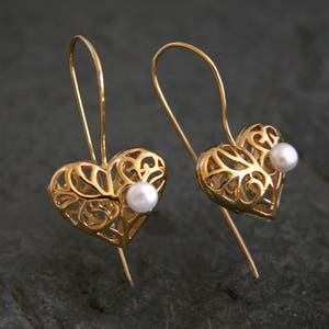 Valentine's Day Gift Gold Heart Earrings, Gold Dangle Earrings, Gold Heart Pearl Earrings, Heart Drop Earrings, Gold Heart Jewelry image 5