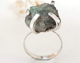 Emerald Ring, May Birthstone Ring, Raw Emerald Ring, Sterling Silver Ring, Rough Emerald Ring, Statement Gemstone Ring, Green Stone Ring