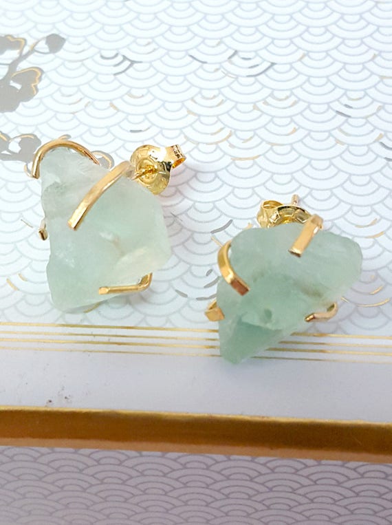 Gold Raw Stone Earrings, Raw Stone Jewelry, Raw Fluorite Earrings, Raw Stone Stud Earrings, Rough Stone Earrings, Bridesmaid Earrings, Gift