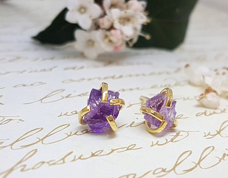 Raw Amethyst Gold Stud Earrings