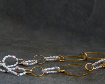 June Birthstone Gold Freshwater pearls long necklace, Modern Circles Gold Necklace, Pearl Birthstone Necklace