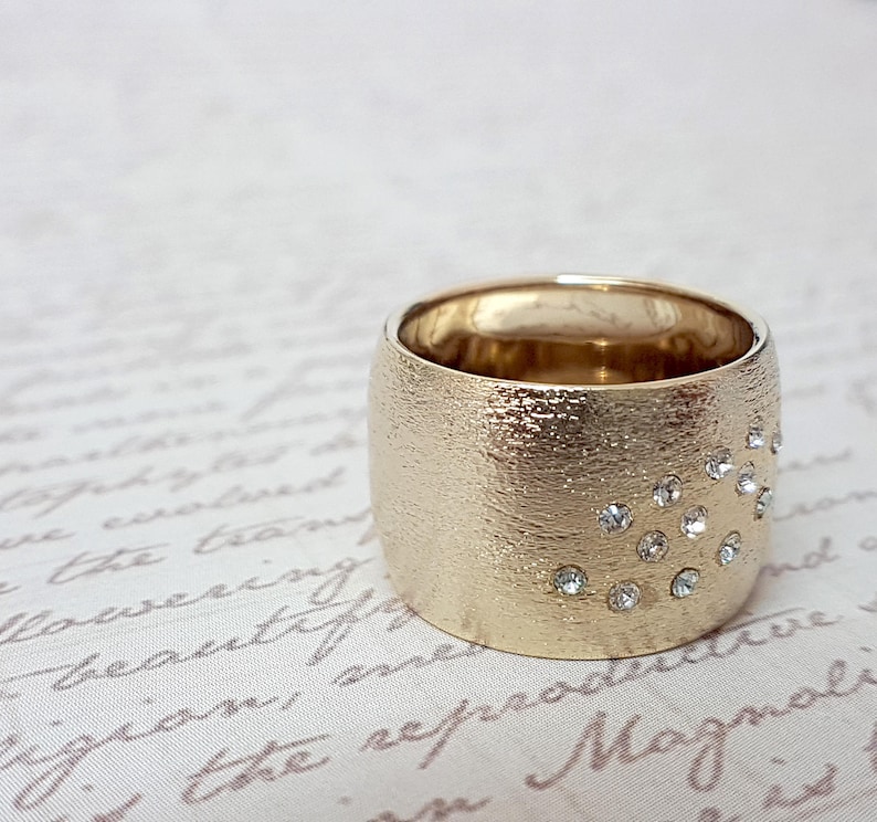 Gold Statement Ring, Unique Wedding Band, Wide Gold Band, Cubic Zirconia Band, Wedding Ring, Modern Gold Band, Bridal Wide Band image 6