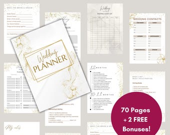 Könnte beinhalten: Ein weiß-goldener Hochzeitsplaner mit dem Text "Ultimate Wedding Planner". Der Planer enthält Seiten für Hochzeitsplanung, Gästelisten und Kontakte. Eine runde Grafik zeigt "70 Pages + 2 FREE Bonuses!"