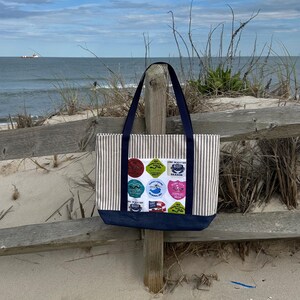 Handgemachte Strandtasche, Jersey Shore inspiriert - Robuste Baumwolle, blaue Streifen & Denim, Benutzerdefinierter Druck, gefüttert, Sommer-Badetasche, Küstengeschenk