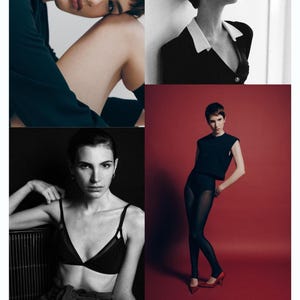May include: A black and white fashion editorial featuring four images of a person in various poses. The person is wearing a black top, a black bra, and a black blazer. The person's measurements are: height 5'9", bust 32", waist 23", hip 34", shoe 8, dress 0/2.