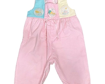 Vintage Unbranded Pink Baby  Corduroy Overalls with Pastel embroidered Bib 3-6 M