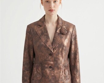 C&E Studio Vintage Y2K Metallic Bronze Blazer Jacket Genuine Suede Leather size4