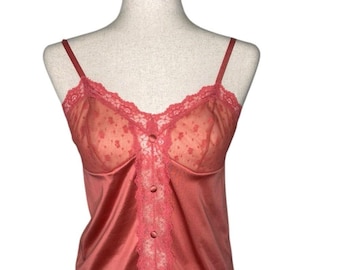 Vintage Lace-Trim Satin Cami Top in Coral Pink. Sheer. Feminine, lingerie