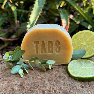 Pode incluir: Uma barra de sabão castanho claro com a palavra "TABS" gravada. O sabão tem um topo branco. Um raminho de folhas verdes e duas fatias de limão estão ao lado do sabão. O sabão está sobre uma superfície de pedra castanha.