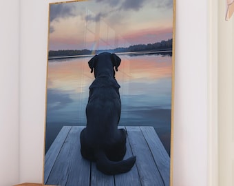 ブラックラブラドールレトリバーのレインボーブリッジウォールアート、犬の記念碑のためのラブラドールのプリント、ラブラドールの天使の羽、犬のポートレートトリビュート
