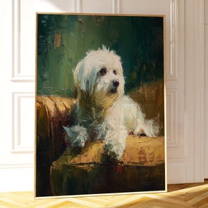Maltese Dog Vintage Textured oil painting style Wall Art Poster, Maltipoo vintage green impasto painting style print for maltese dog owner