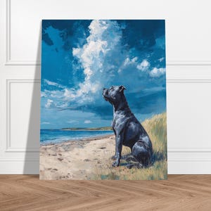 Blauwe Staffordshire-bulterriër strand print olieverfschilderij stijl, cadeau-idee voor eigenaar Staffordshire-bulterriër, Blue Staffy Dog Memorial Art