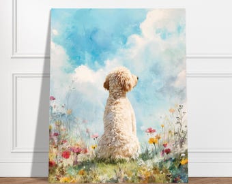 May include: A watercolor painting of a dog sitting in a field of wildflowers, facing away from the viewer. The dog has light-colored fur, and the background features a blue sky with fluffy white clouds. The flowers are in shades of red, yellow, and pink.