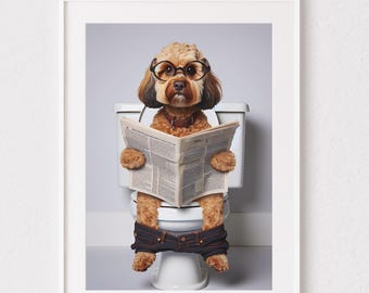 Red Cavapoo on the Toilet Reading a Newspaper Wall Art, Funny Cavapoo Dog Portrait, Cavapoo Print, Funny Dog Poster