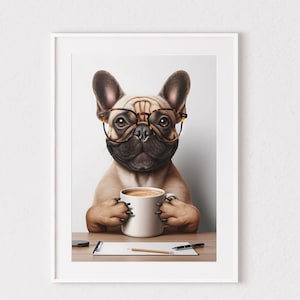 French Bulldog Funny Wall Art, French Bulldog With Coffee Poster, French bulldog print, Frenchy Wall Art, Funny Dog Printable, Frenchie