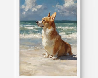 Puede incluir: Una impresión artística enmarcada de un perro Corgi sentado en una playa arenosa, con el océano y el cielo de fondo. El perro tiene un pelaje marrón y blanco. La obra de arte está pintada en un estilo impresionista con pinceladas visibles.