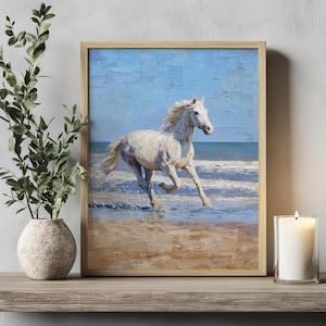 Impression d&#39;art mural peinture abstraite texturée cheval blanc au galop sur la plage, cadeau pour propriétaire de cheval, impression portrait commémoratif cheval blanc