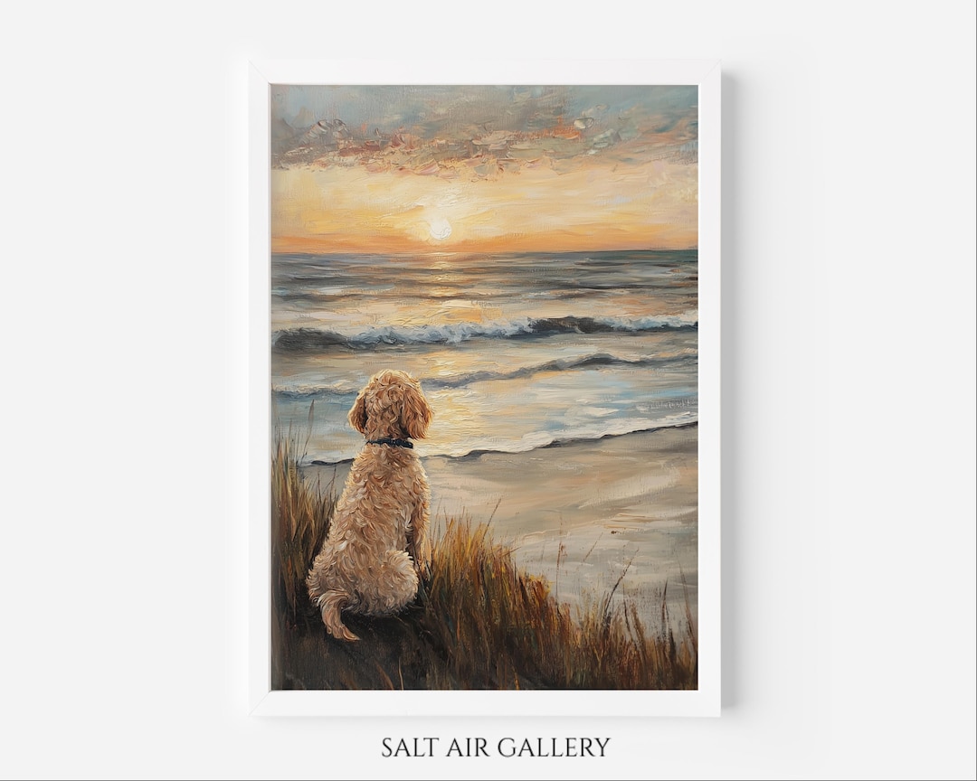 Cream Cockapoo Dog Textured Sunset Wall Art Print: Coastal Beach ...
