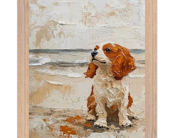 Puede incluir: Pintura al óleo enmarcada de un Cavalier King Charles Spaniel en una playa. El perro tiene pelaje marrón y blanco, con una textura en relieve. El fondo muestra un paisaje marino con olas y un cielo nublado.
