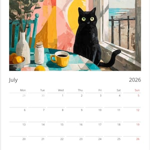 Black Cat 2026 Calendar, Colourful Pop Art Painting Cat Calendar, Whimsical Black Cat Art 2026 Wall Planner image 4
