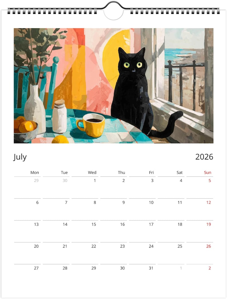 Black Cat 2026 Calendar, Colourful Pop Art Painting Cat Calendar, Whimsical Black Cat Art 2026 Wall Planner image 4