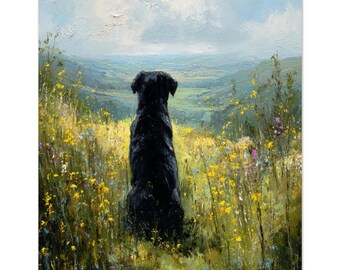 Schwarzer Labrador Hund Haustier Porträt Poster, Labrador Ölgemälde Erinnerungsdruck, Geschenkidee für Labrador Besitzer, Cottagecore Hund Wandkunst