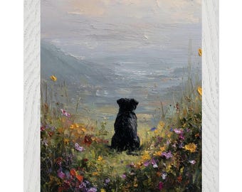 Stampa artistica con cornice a olio raffigurante un carlino nero, regalo per la mamma di un carlino, immagine rustica di un cane