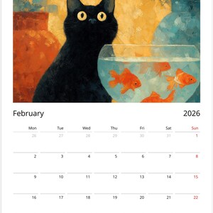 Black Cat 2026 Calendar, Colourful Pop Art Painting Cat Calendar, Whimsical Black Cat Art 2026 Wall Planner image 2